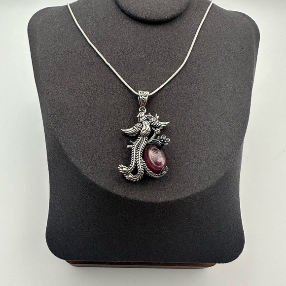 Silver and Purple Mica Phoenix Pendant Necklace on Silver Stainless Steel Chain - Picture 1 of 11